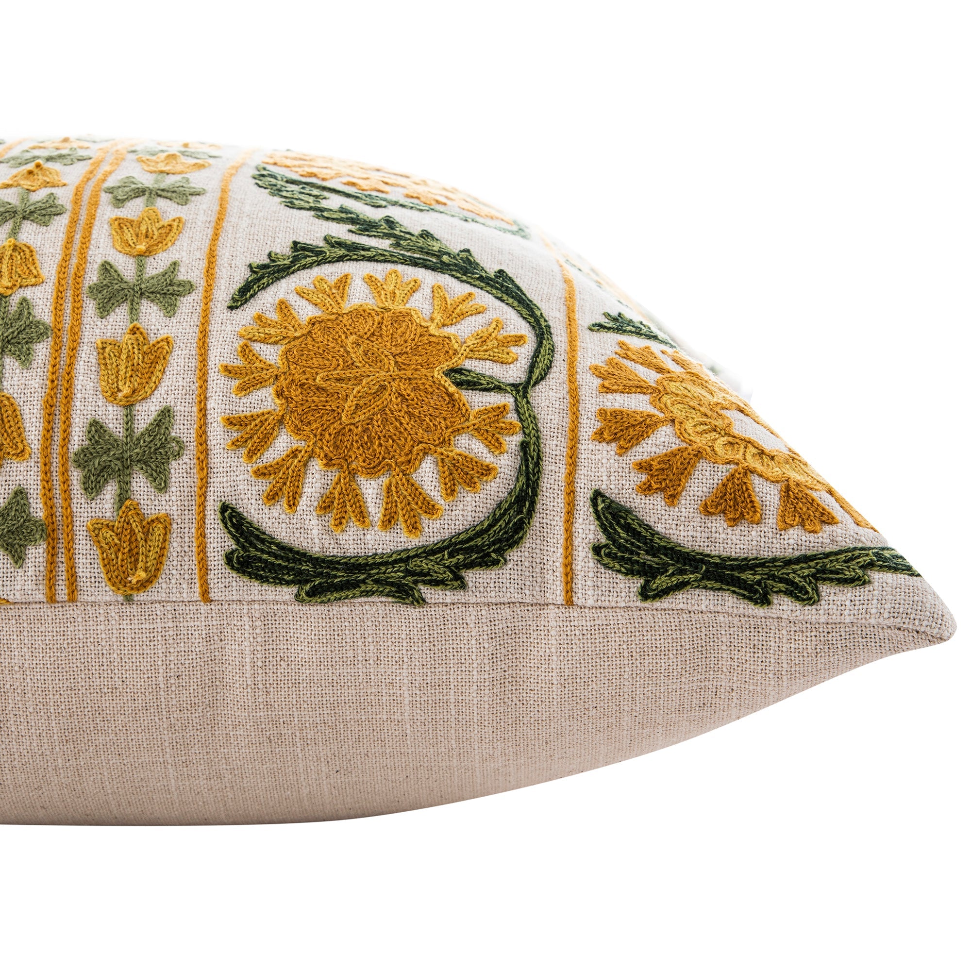 Indra Suzani Sundance Yellow Crewelwork Wool Embroidered Cushion