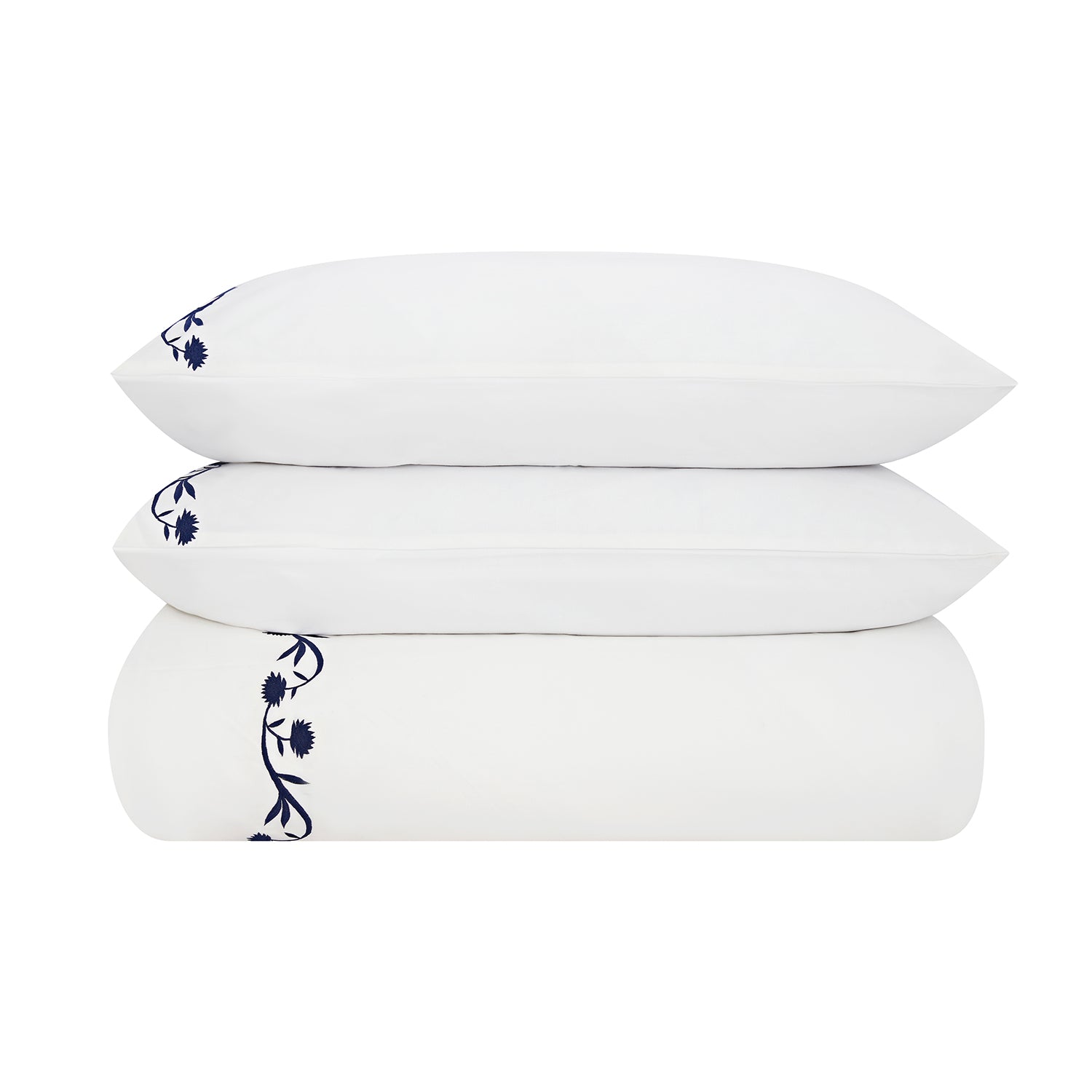 Adeline Midnight Blue Floral Embroidered 600 Thread Count Cotton Sateen Duvet Set