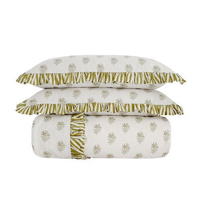 Darcy Floral Olive Green Ruffle Linen Blend Duvet Set