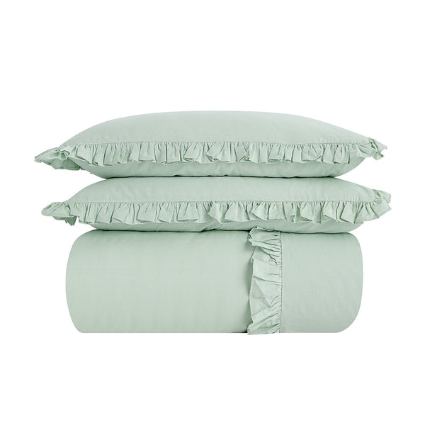 Matilda Seafoam Green Ruffle Linen Blend Duvet Set