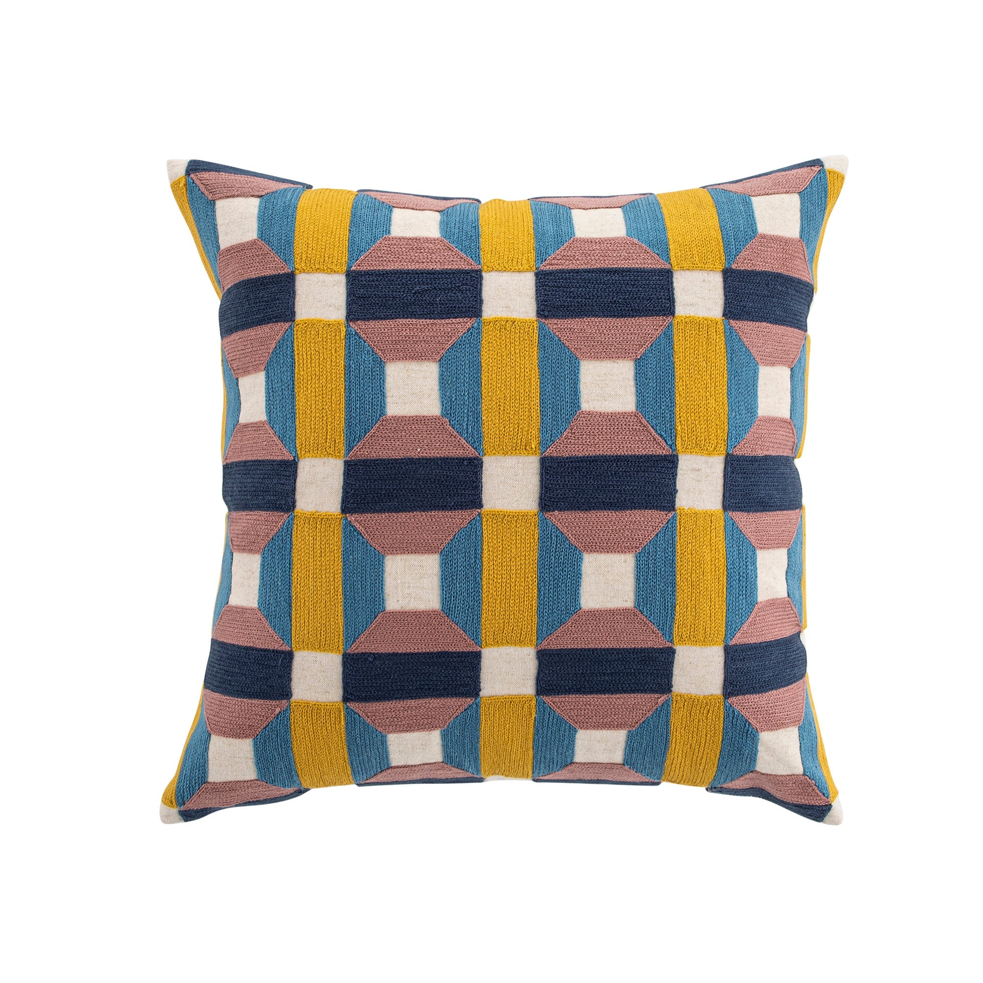 Knox Pink Blue & Yellow Crewelwork Wool Embroidered Cushion
