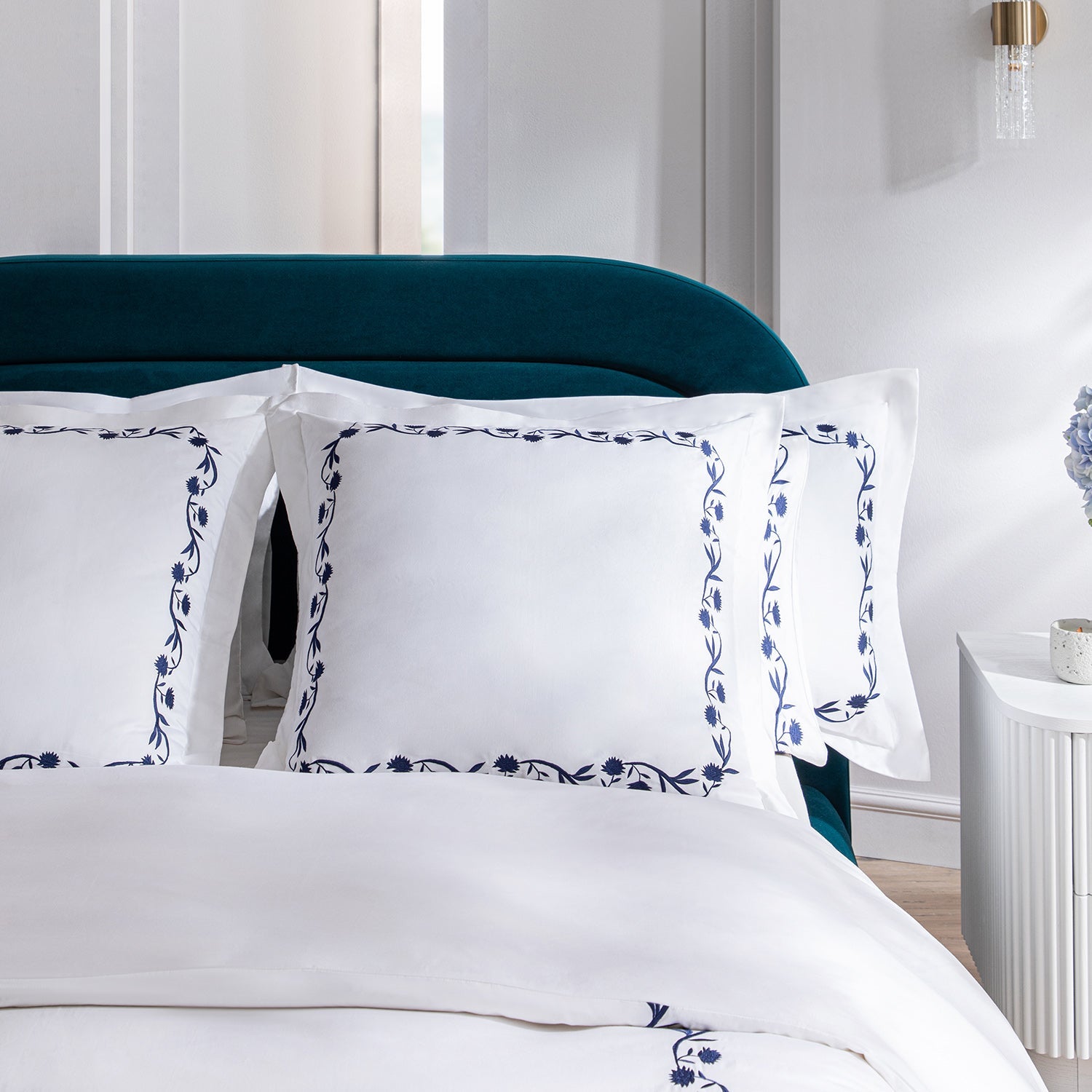 Adeline Midnight Blue Floral Embroidered 600 Thread Count Cotton Sateen Continental Square Pillowcases - Pair