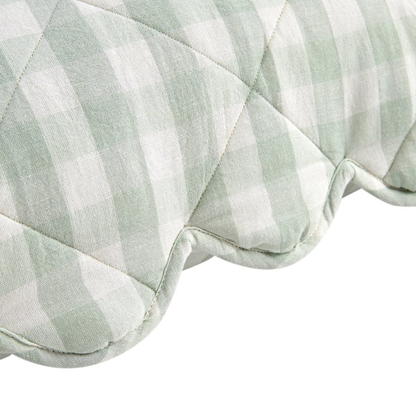 Matilda Sage Green Gingham Scallop Quilted Linen Blend Continental Square Pillowcases - Pair