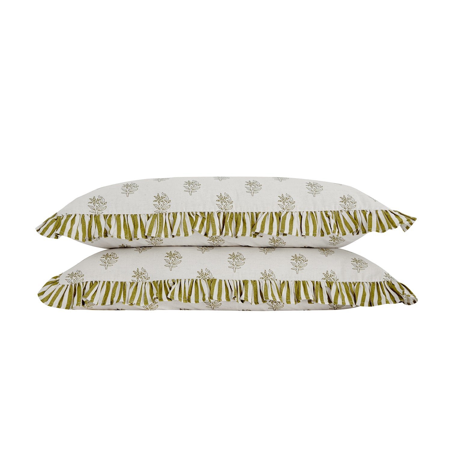 Darcy Floral Olive Green Ruffle Linen Blend Pillowcases - Pair
