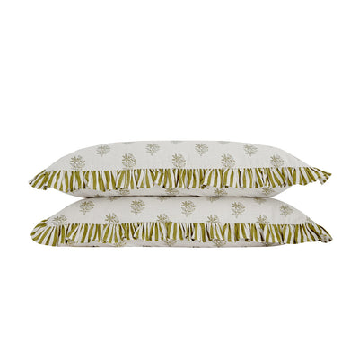 Darcy Floral Olive Green Ruffle Linen Blend Pillowcases - Pair