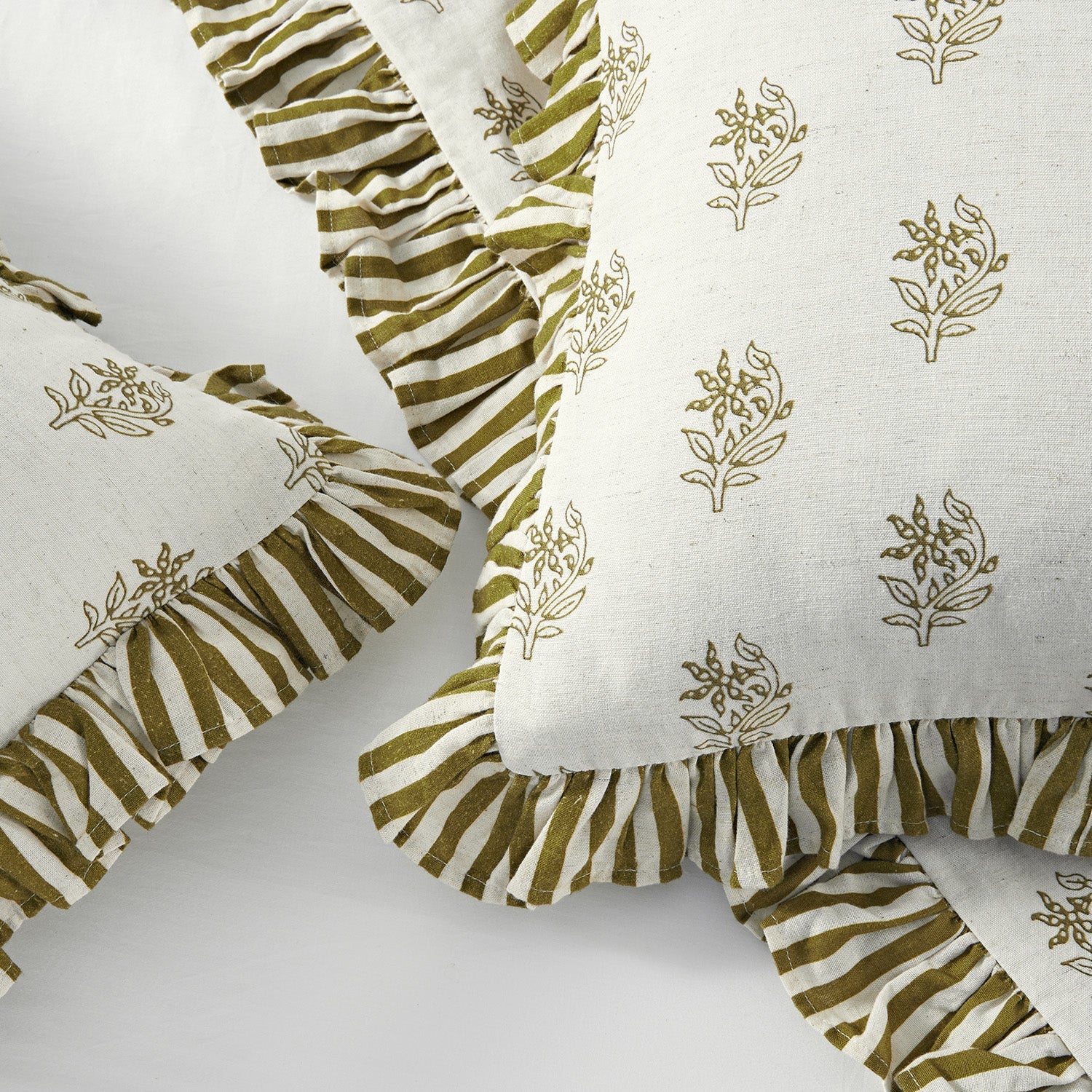Darcy Floral Olive Green Ruffle Linen Blend Pillowcases - Pair
