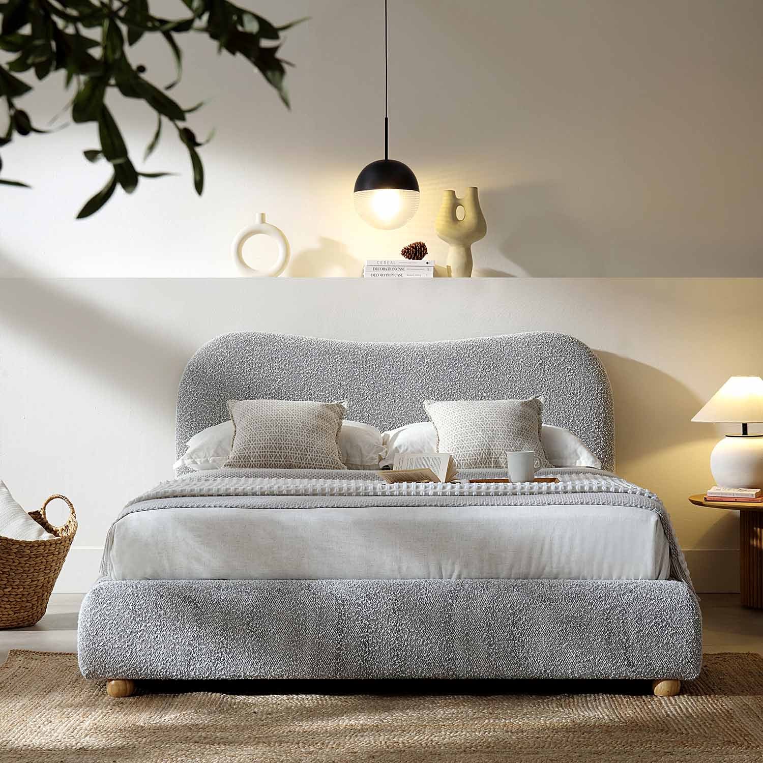 Egerie Curved Headboard Mist Grey Boucle Ottoman Storage Bed
