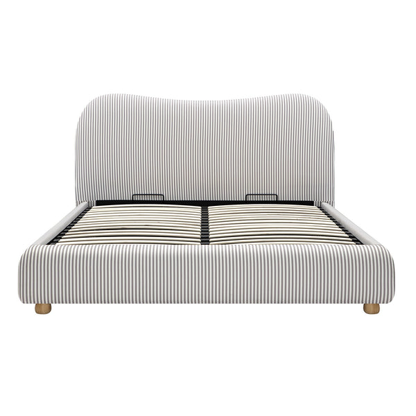 Egerie Curved Headboard Light Taupe Striped Fabric Ottoman Storage Bed