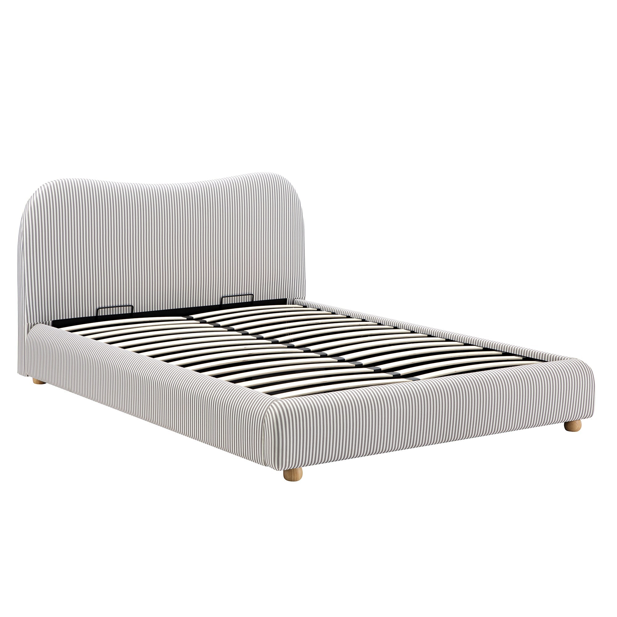 Egerie Curved Headboard Light Taupe Striped Fabric Ottoman Storage Bed