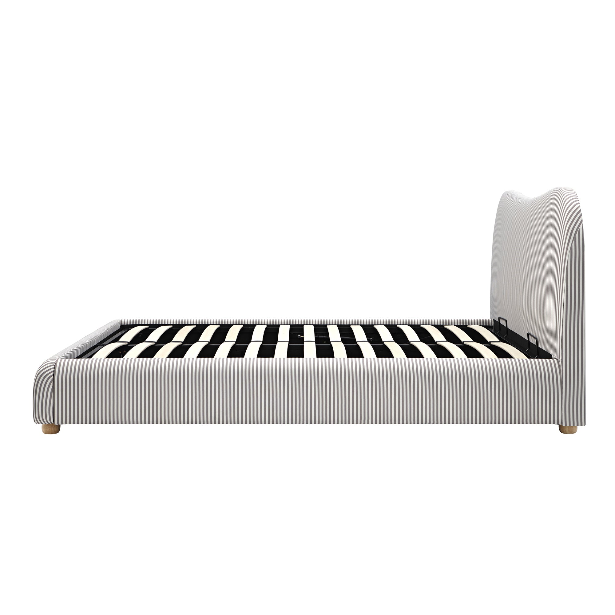 Egerie Curved Headboard Light Taupe Striped Fabric Ottoman Storage Bed