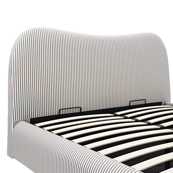 Egerie Curved Headboard Light Taupe Striped Fabric Ottoman Storage Bed