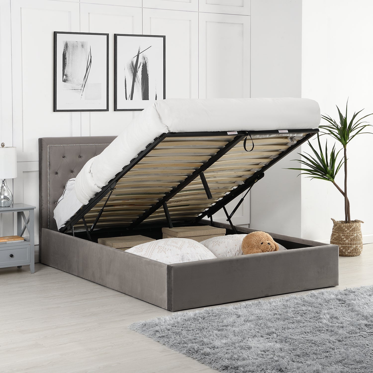 Hartwell Upholstered Ottoman Storage Bed with Nailhead Trim Headboard (Grey Velvet)