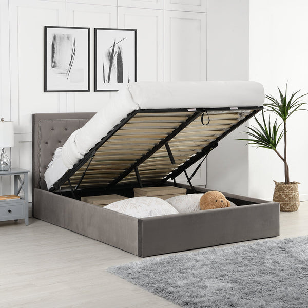 Hartwell Upholstered Ottoman Storage Bed with Nailhead Trim Headboard (Grey Velvet)