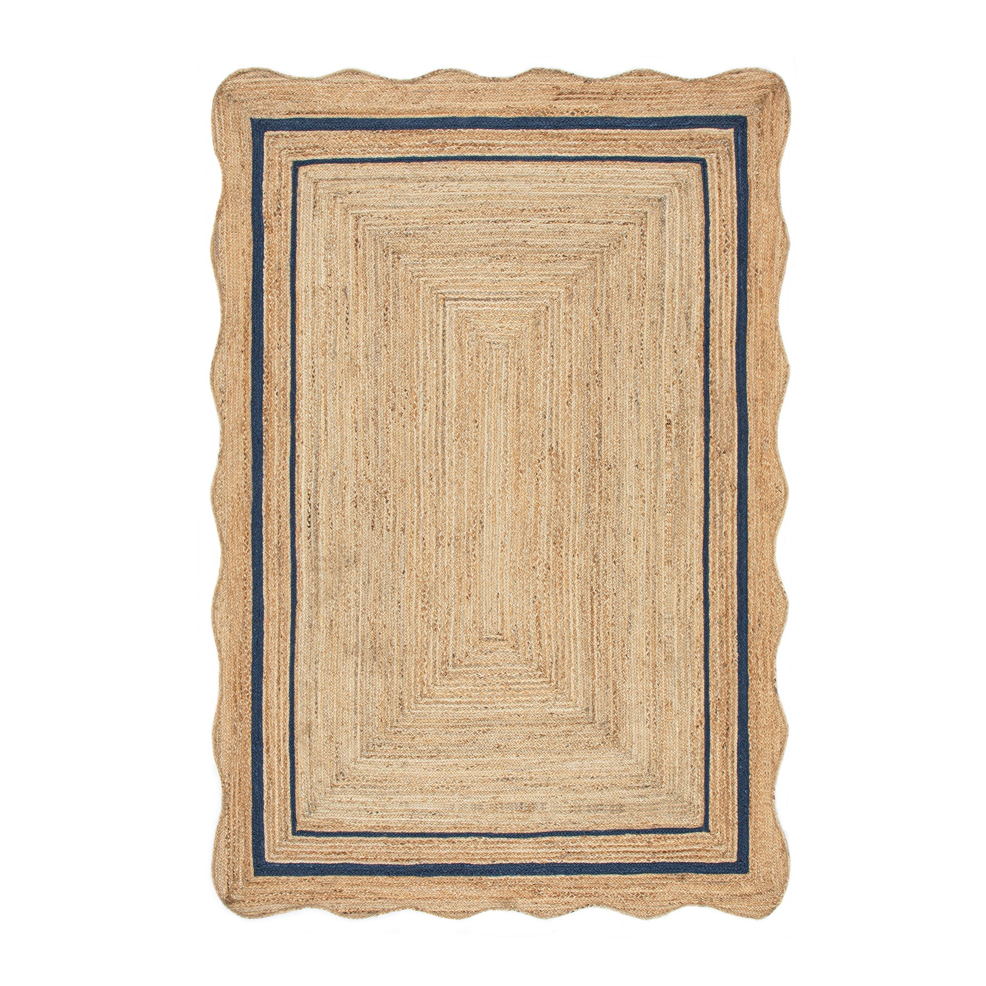Evie Hand Braided Jute Scallop Navy Blue Border Rectangular Rug