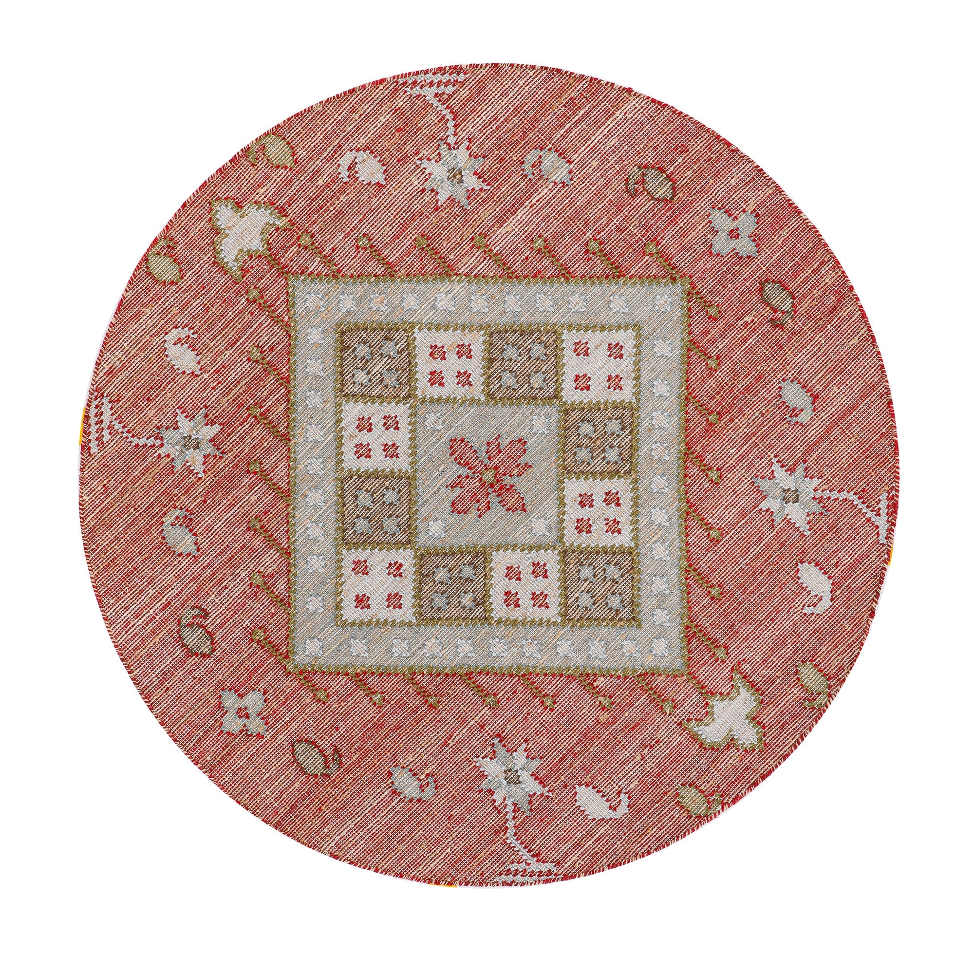 Farah Kilim Traditional Handwoven Wool & Jute Deep Red Round Rug