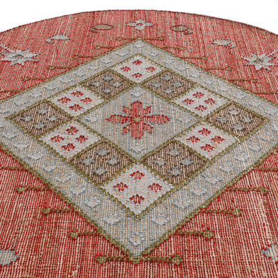 Farah Kilim Traditional Handwoven Wool & Jute Deep Red Round Rug