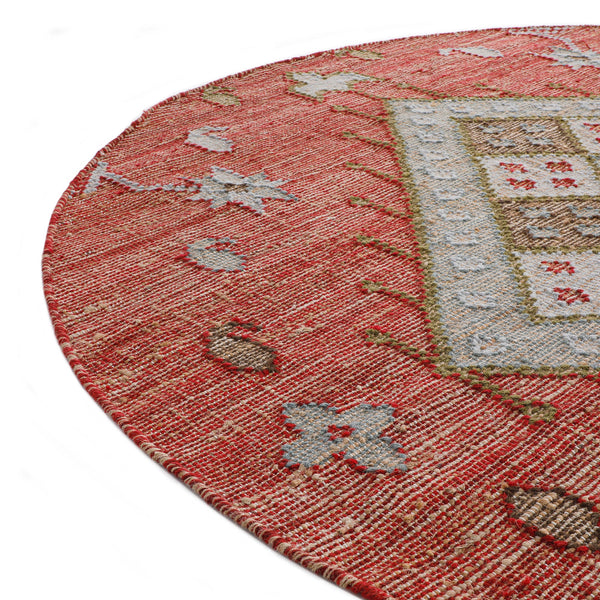 Farah Kilim Traditional Handwoven Wool & Jute Deep Red Round Rug