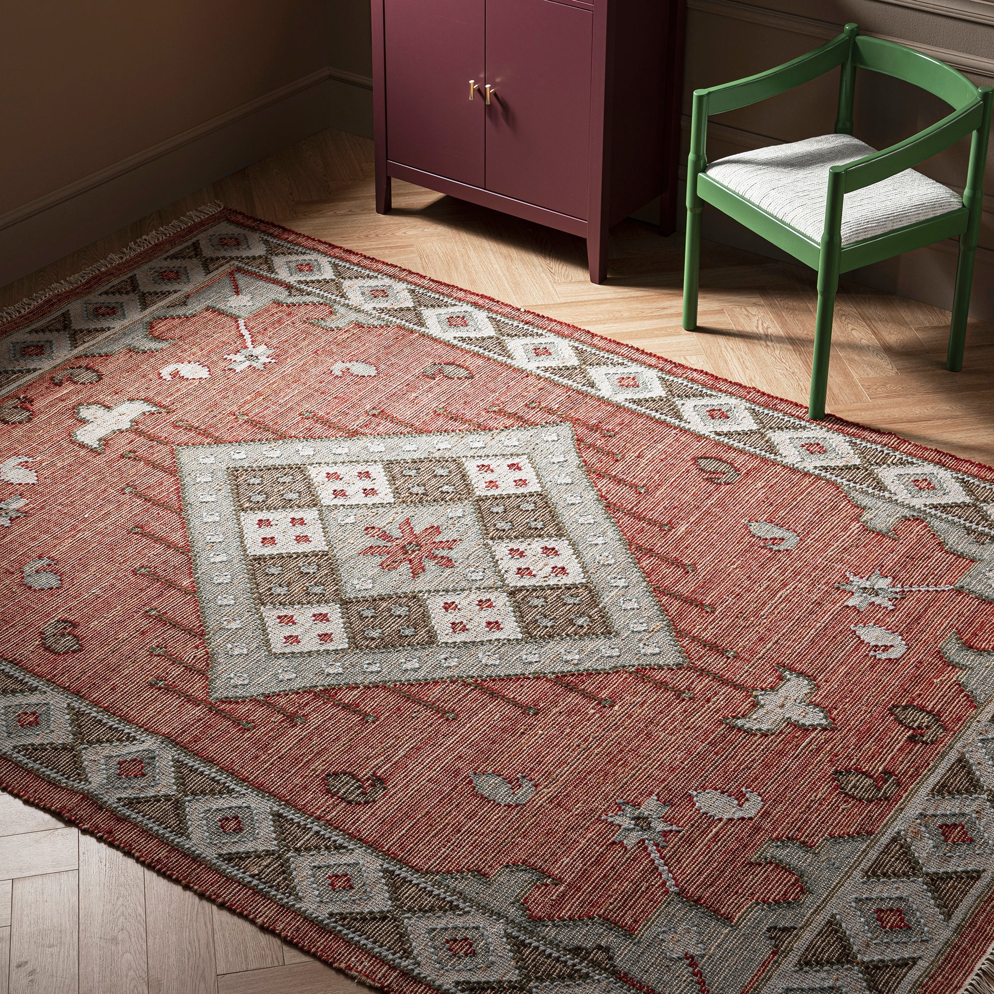 Farah Kilim Traditional Handwoven Wool & Jute Deep Red Rug