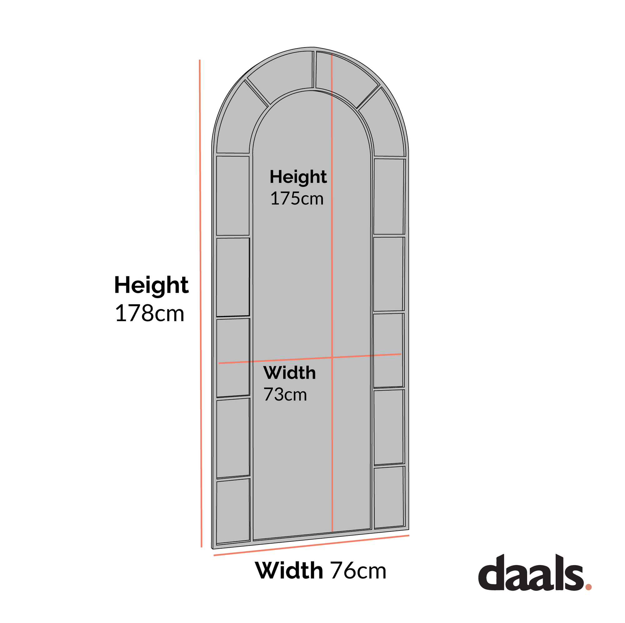 Beaumont Arched Full Length Metal Frame Mirror 178 x 76 cm, Black