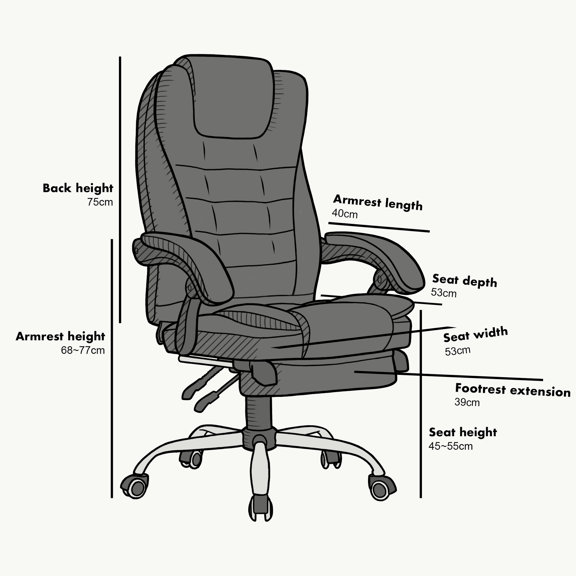 Executive Reclining Desk Chair with Footrest, Headrest and Lumbar Cushion Support, Grey Fabric