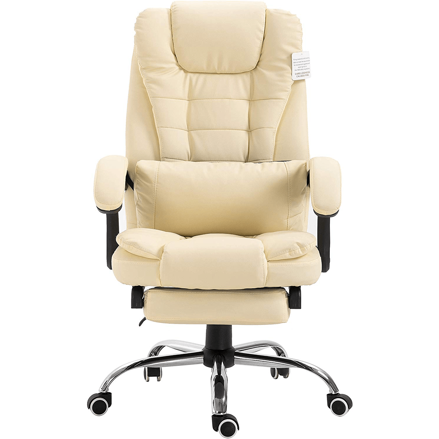 Executive Reclining Desk Chair with Footrest, Headrest and Lumbar Cushion, Cream PU Leather