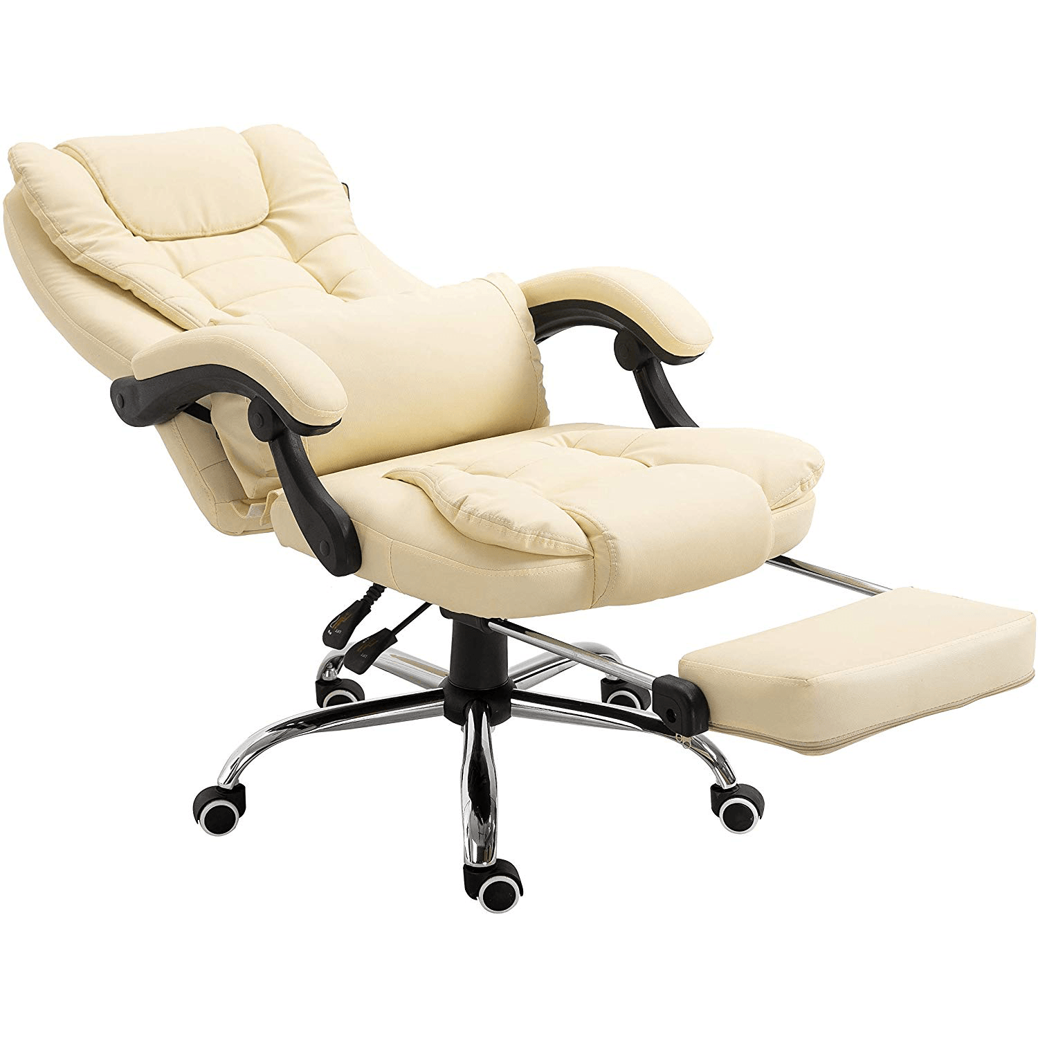 Executive Reclining Desk Chair with Footrest, Headrest and Lumbar Cushion, Cream PU Leather