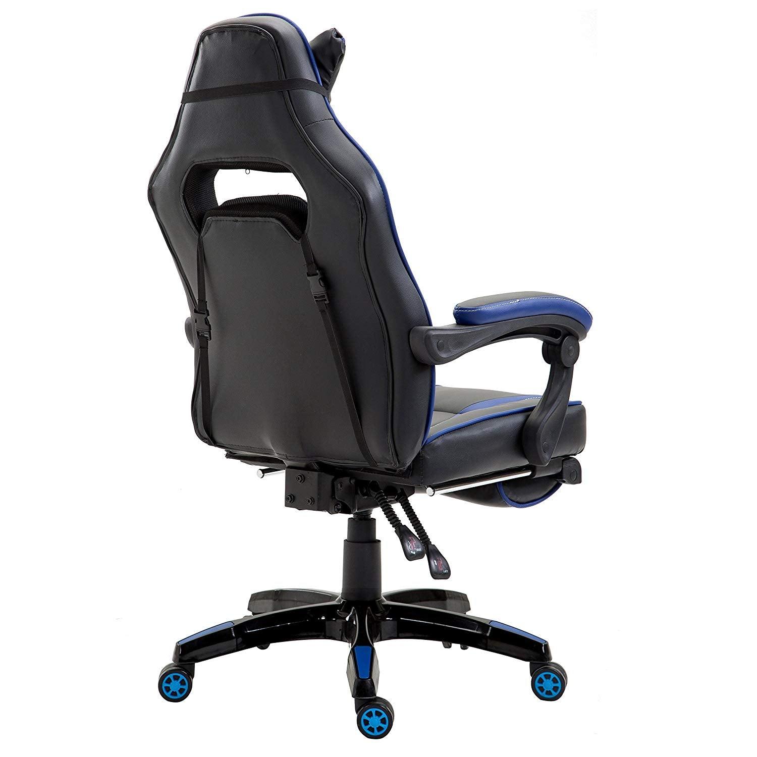 High Back Recliner Gaming Swivel Chair with Footrest & Adjustable Lumbar & Head Cushion, MR49 Black & Blue