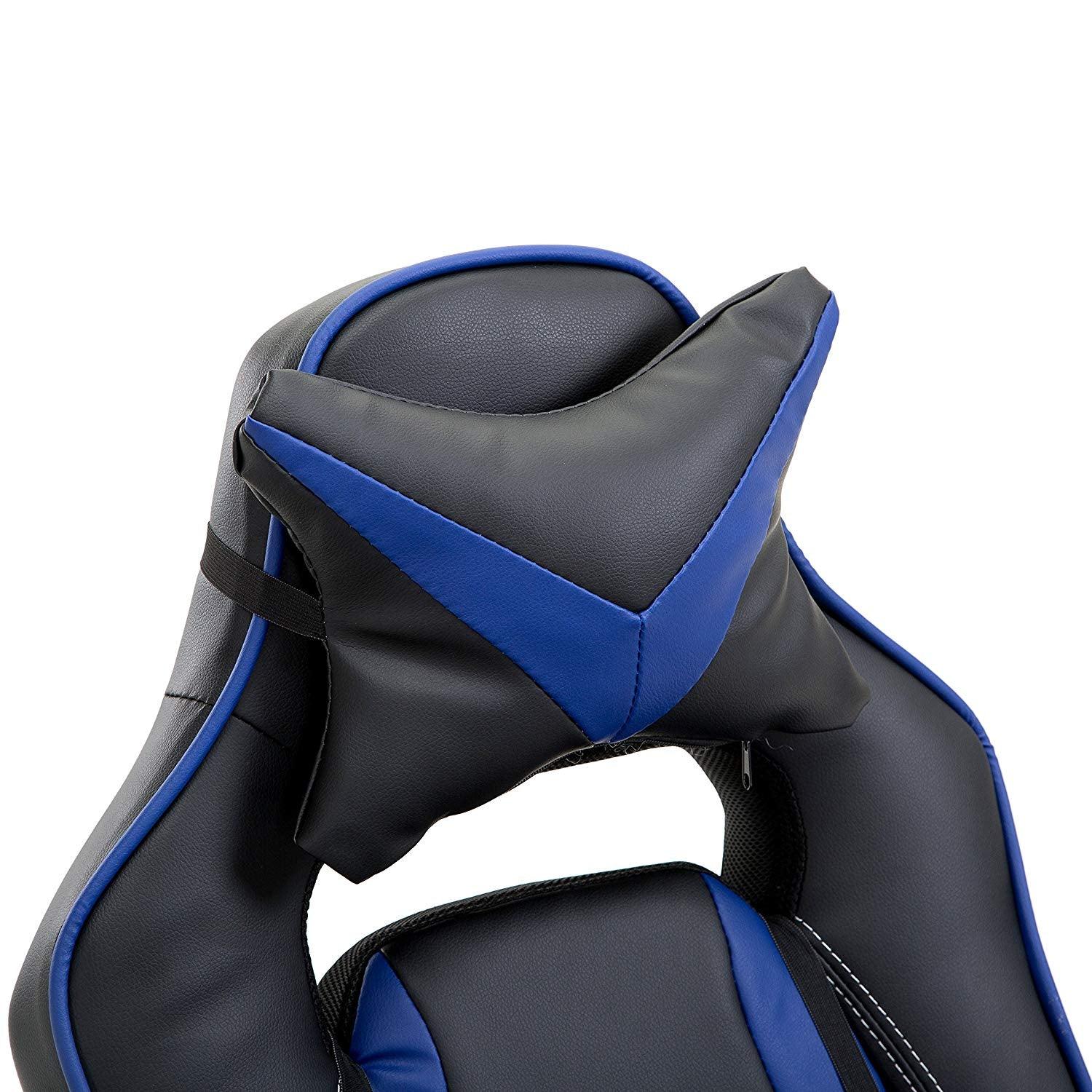 High Back Recliner Gaming Swivel Chair with Footrest & Adjustable Lumbar & Head Cushion, MR49 Black & Blue