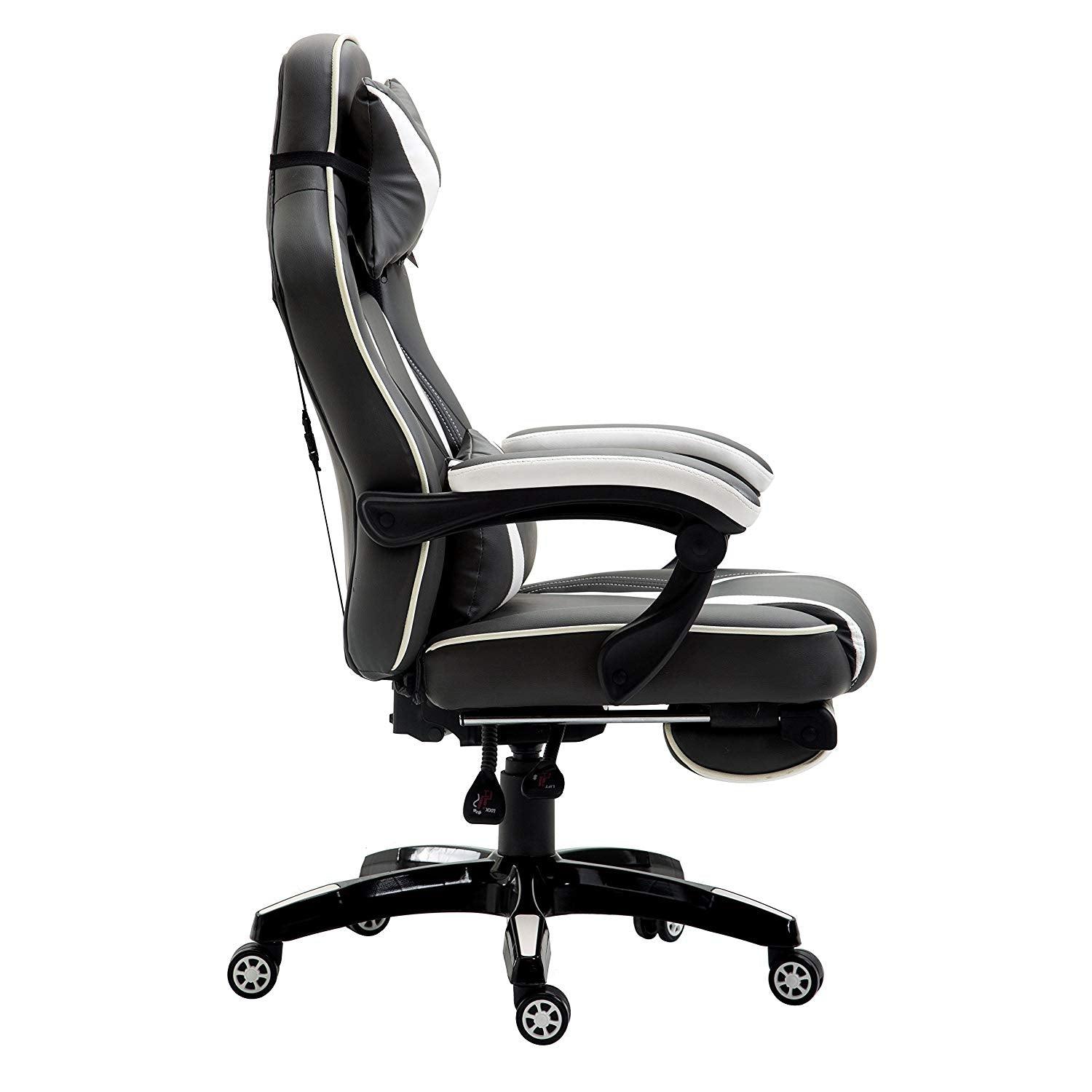High Back Recliner Gaming Swivel Chair with Footrest & Adjustable Lumbar & Head Cushion, MR49 Black & White