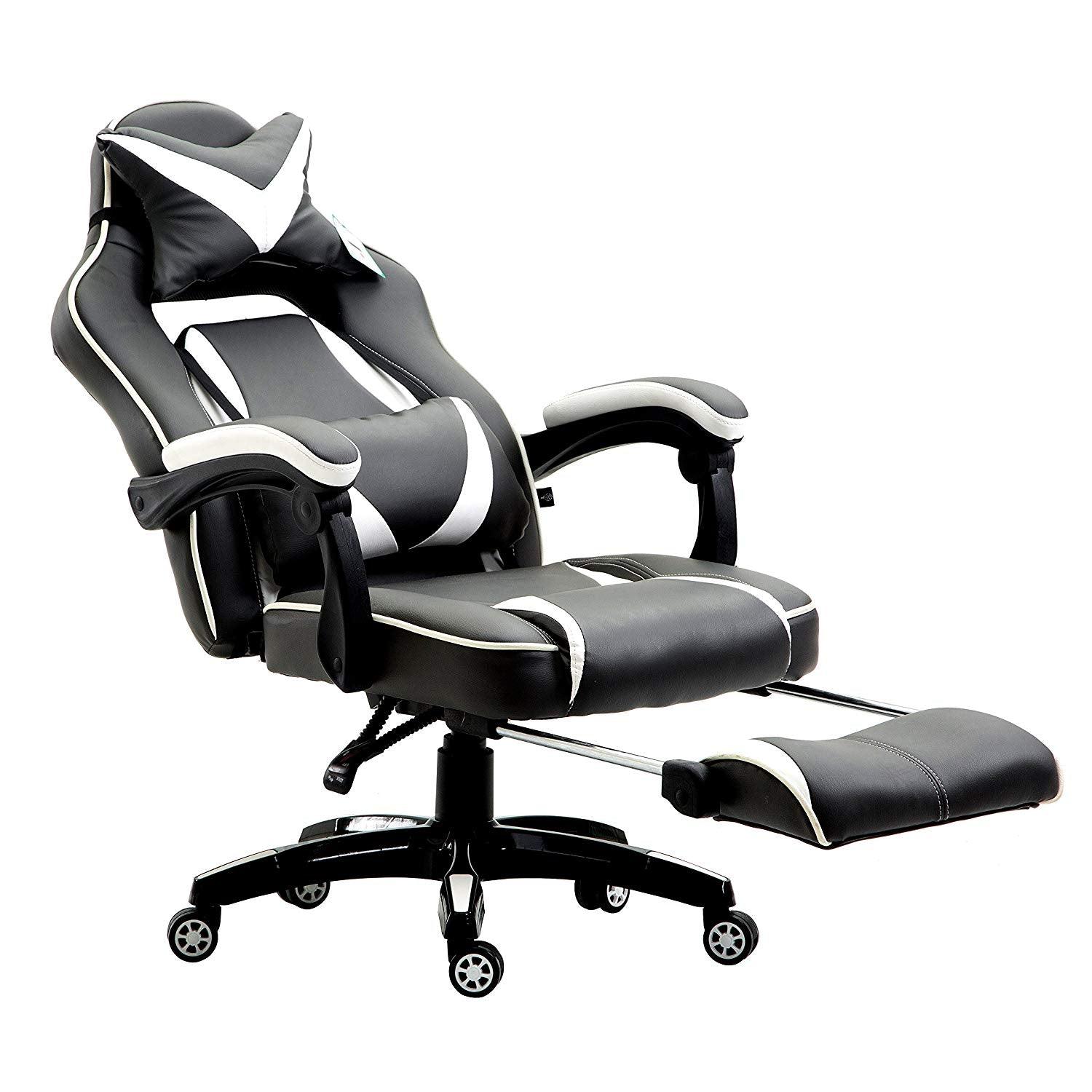 High Back Recliner Gaming Swivel Chair with Footrest & Adjustable Lumbar & Head Cushion, MR49 Black & White