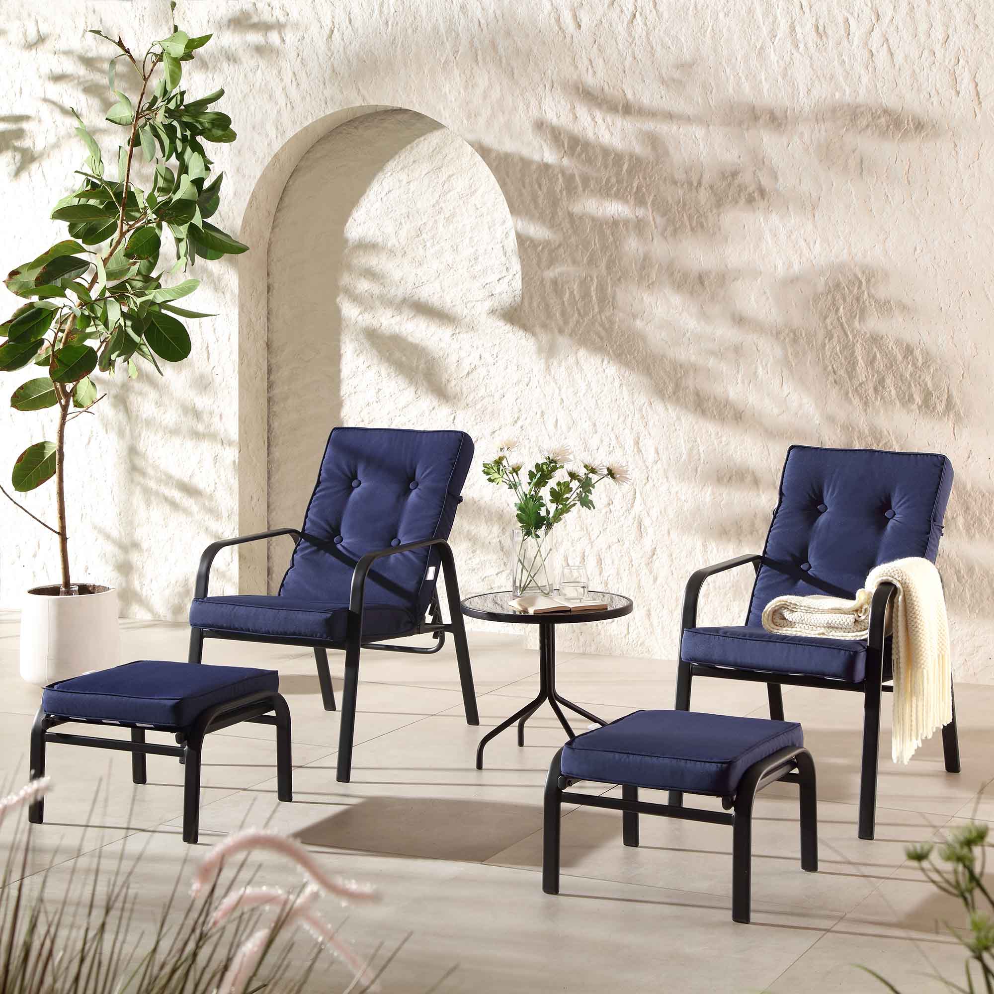 Champneys 2-Seater Steel and Fabric Outdoor Reclining Bistro Set with Stool, Blue