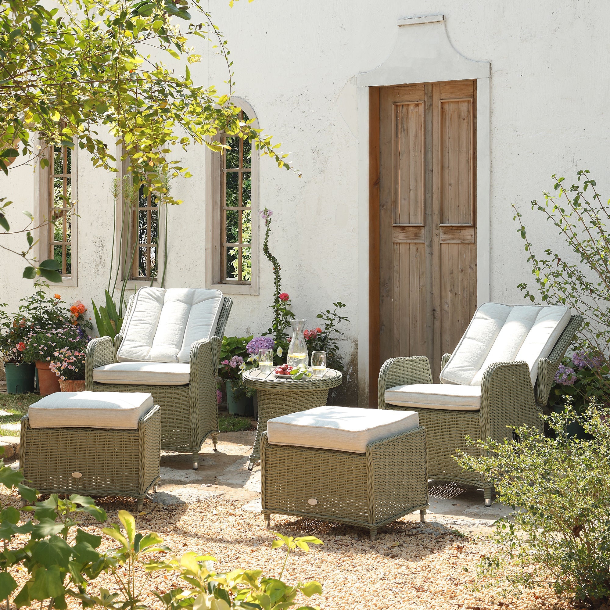 Hampshire 2-Seater Round Wicker Reclining Bistro Set with Stools, Desert Sage