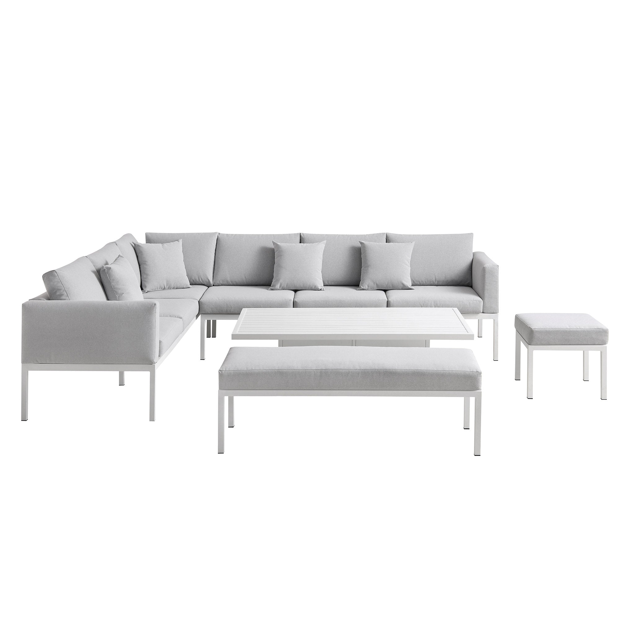 Calabasas Large Outdoor Fabric and Aluminium Corner Casual Dining Set with Rising Table, Light Grey