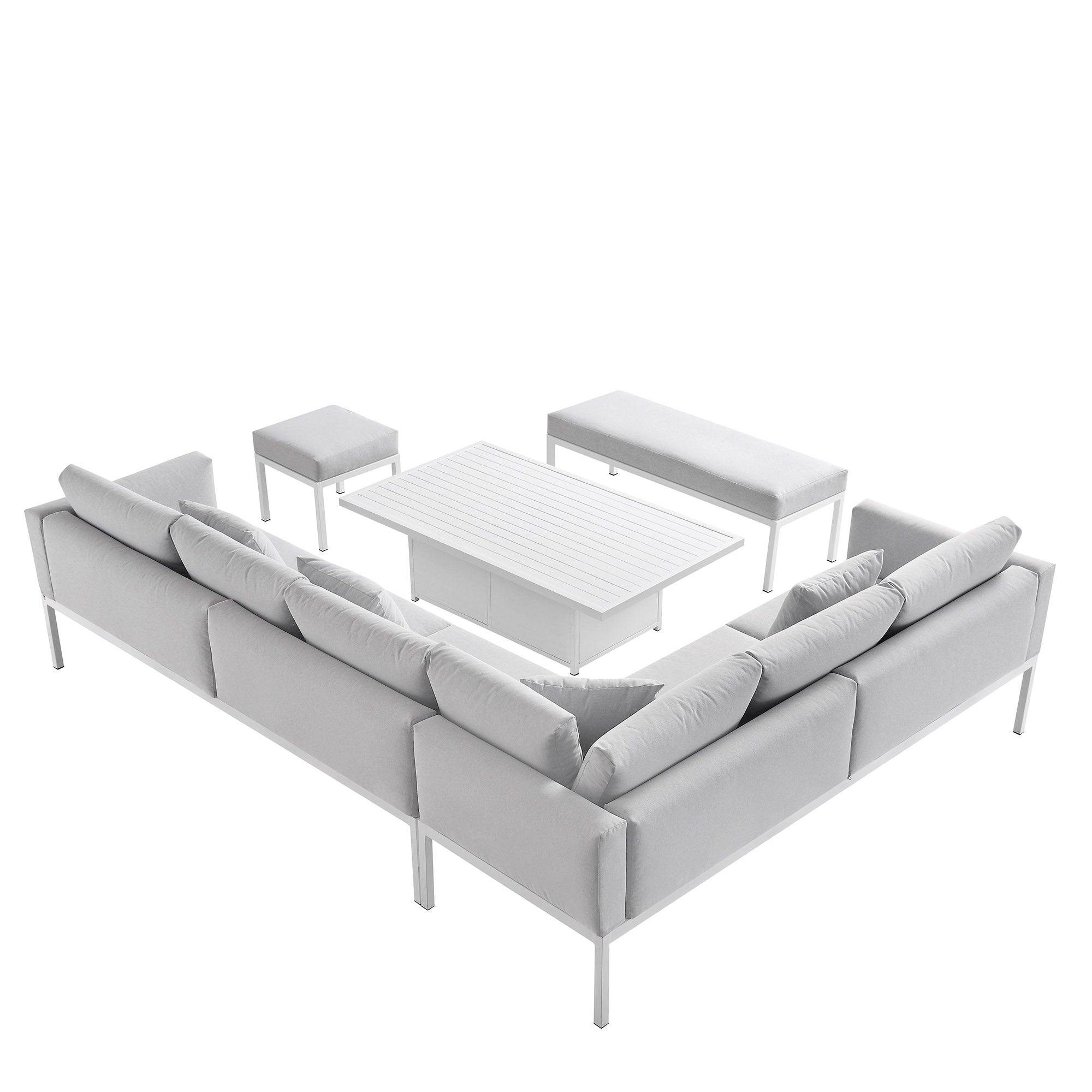 Calabasas Large Outdoor Fabric and Aluminium Corner Casual Dining Set with Rising Table, Light Grey