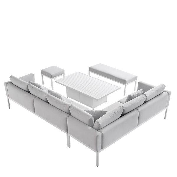 Calabasas Large Outdoor Fabric and Aluminium Corner Casual Dining Set with Rising Table, Light Grey