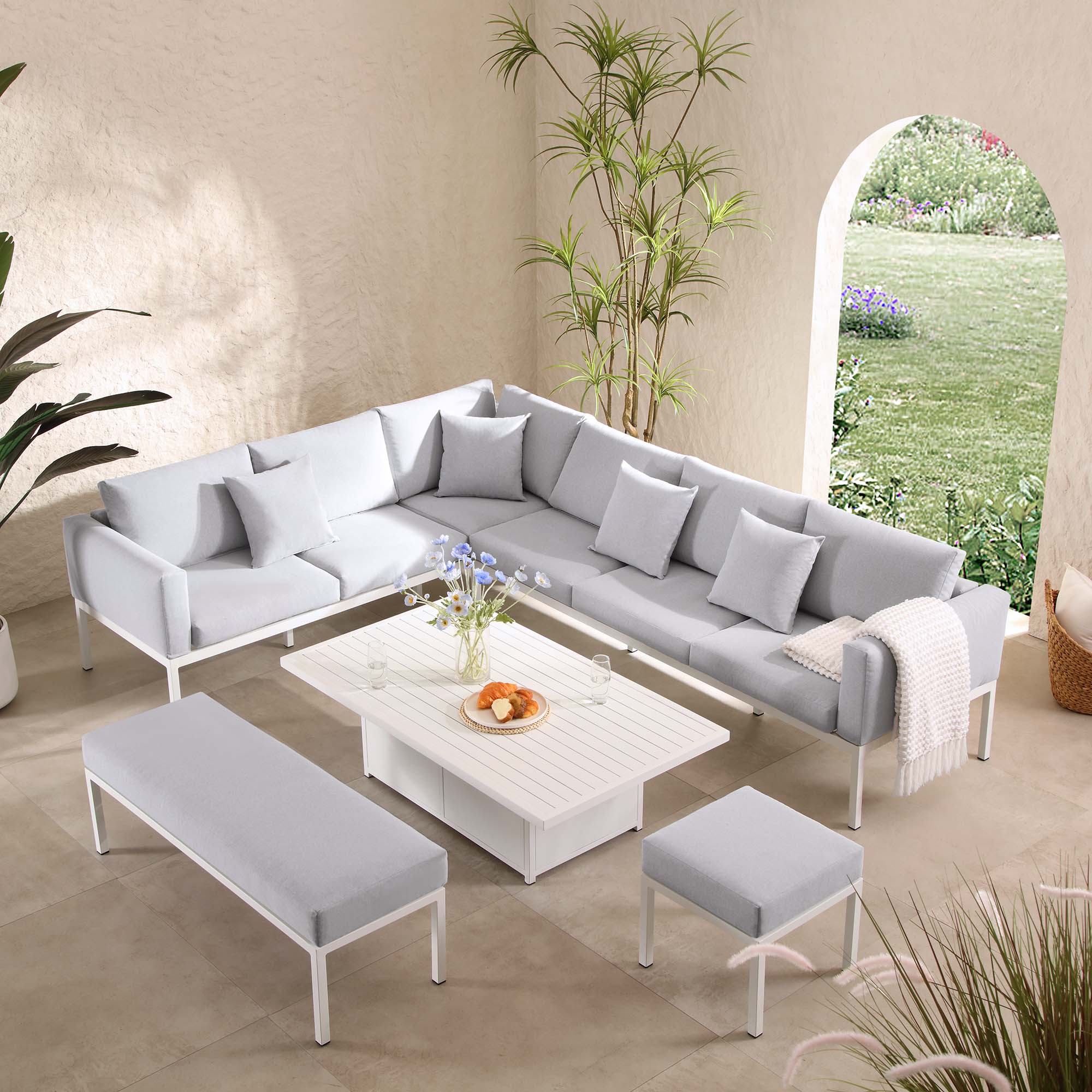 Calabasas Large Outdoor Fabric and Aluminium Corner Casual Dining Set with Rising Table, Light Grey