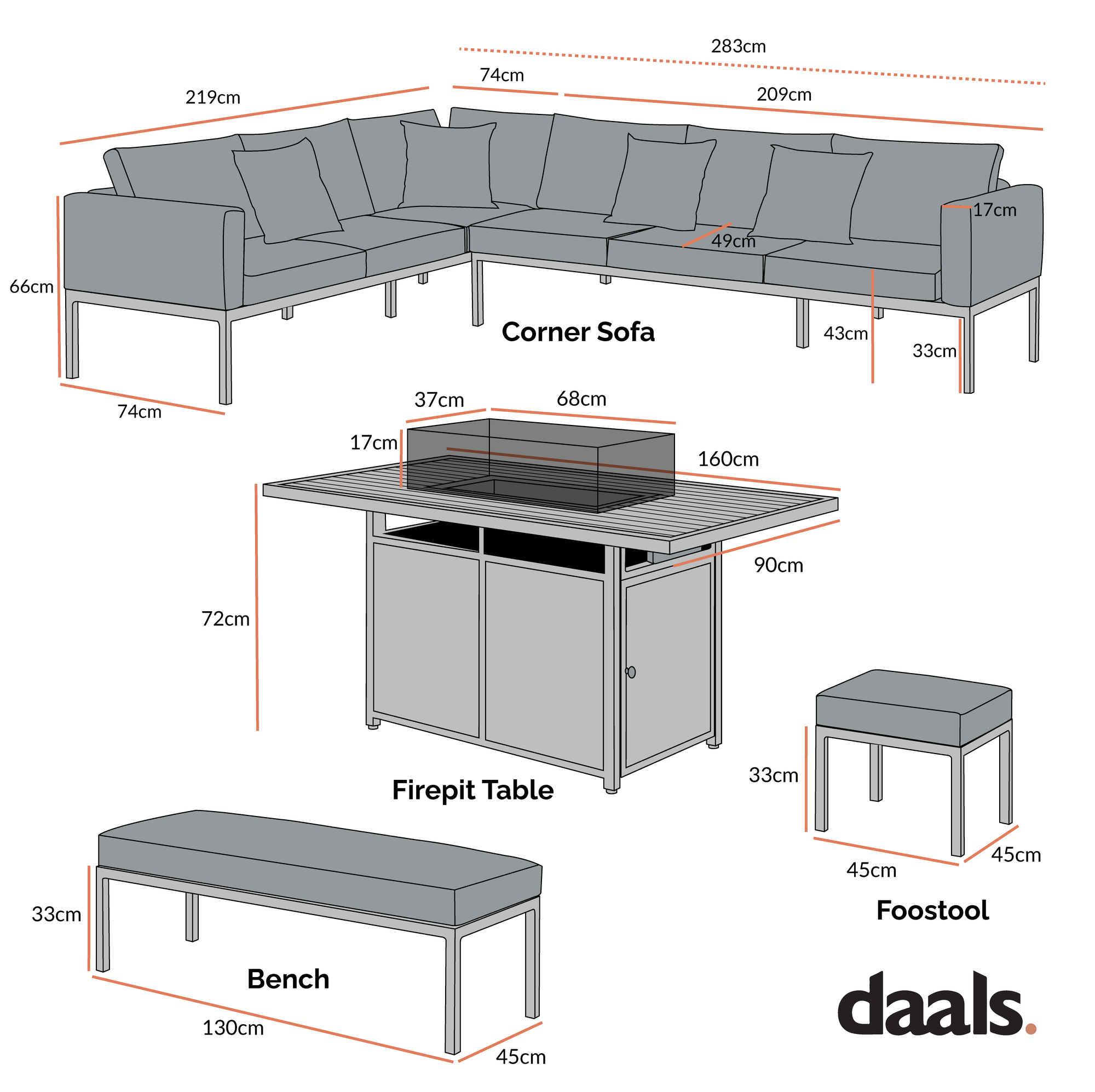 Calabasas Large Outdoor Fabric and Aluminium Corner Casual Dining Set with Firepit Table, Light Grey