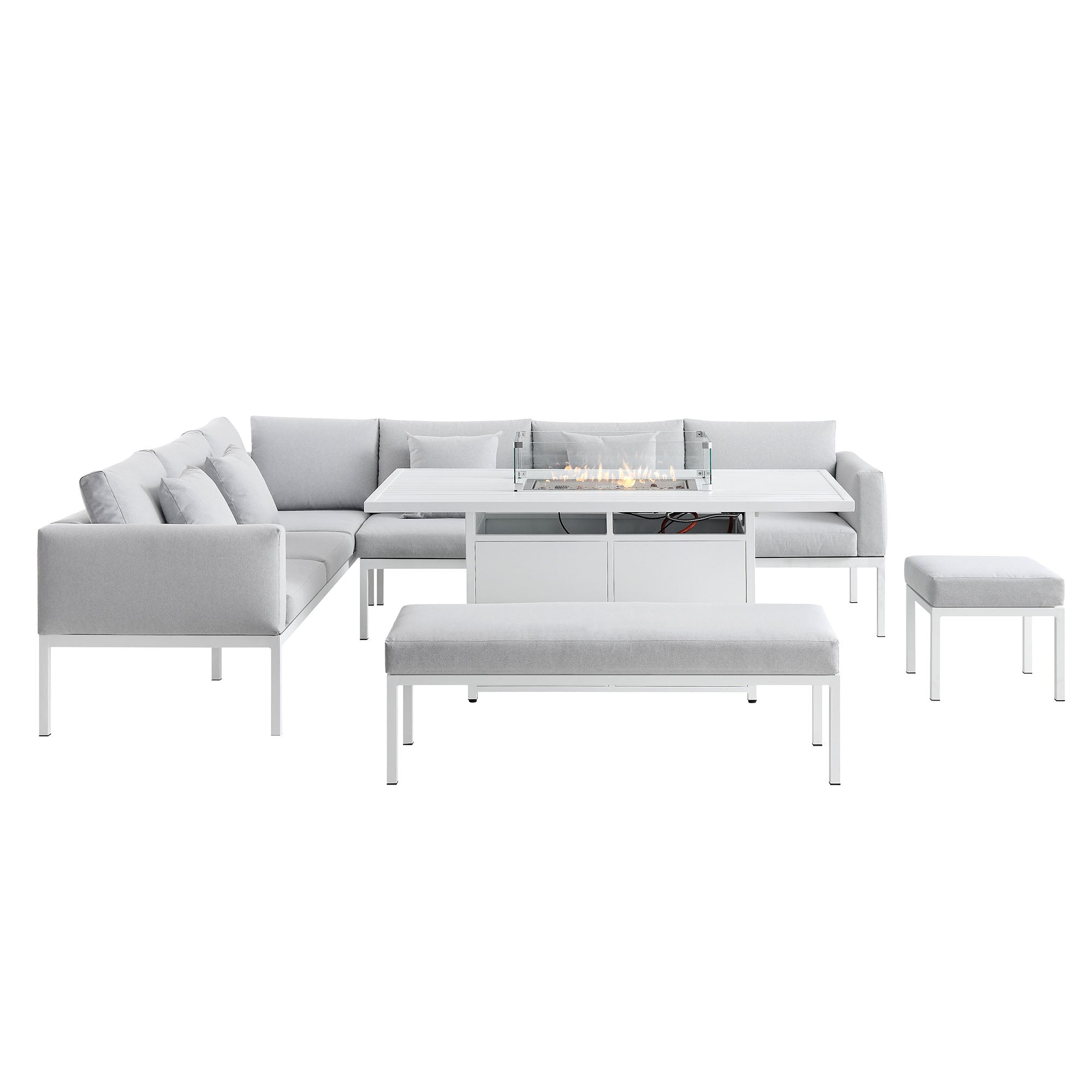 Calabasas Large Outdoor Fabric and Aluminium Corner Casual Dining Set with Firepit Table, Light Grey