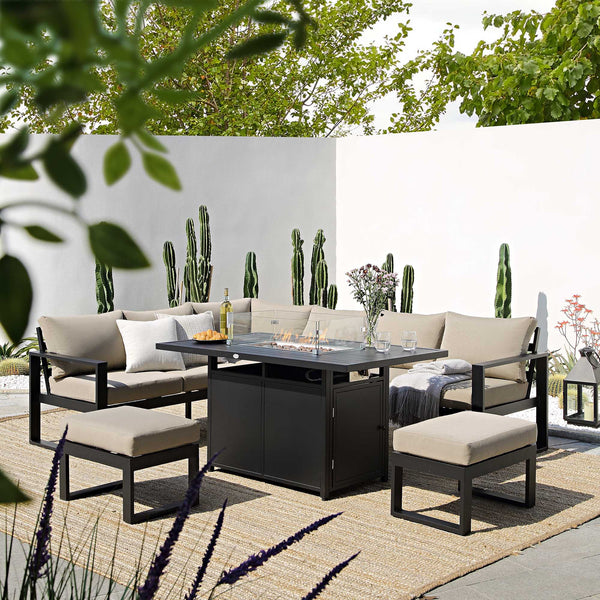 Albany Aluminium Large Corner Casual Dining Set with Firepit Table, Taupe