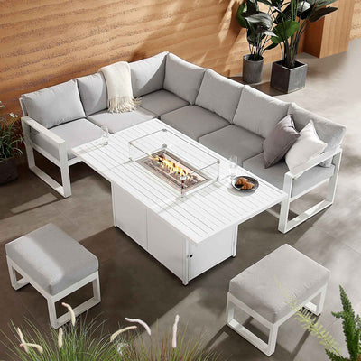 Albany Aluminium Large Corner Casual Dining Set with Firepit Table, White