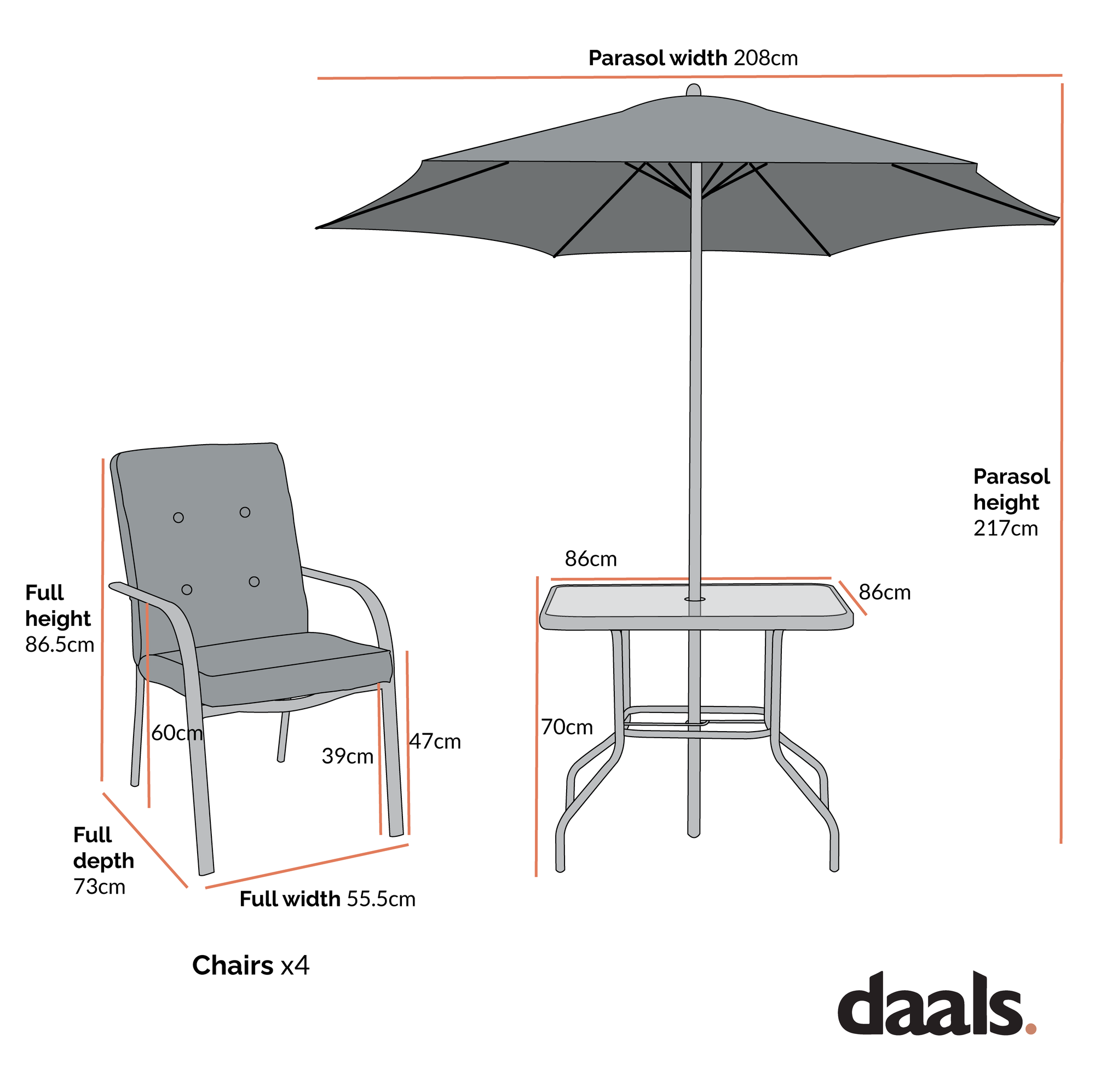 Champneys 4 Seater Steel and Fabric Outdoor Patio Dining Set with Parasol, Taupe