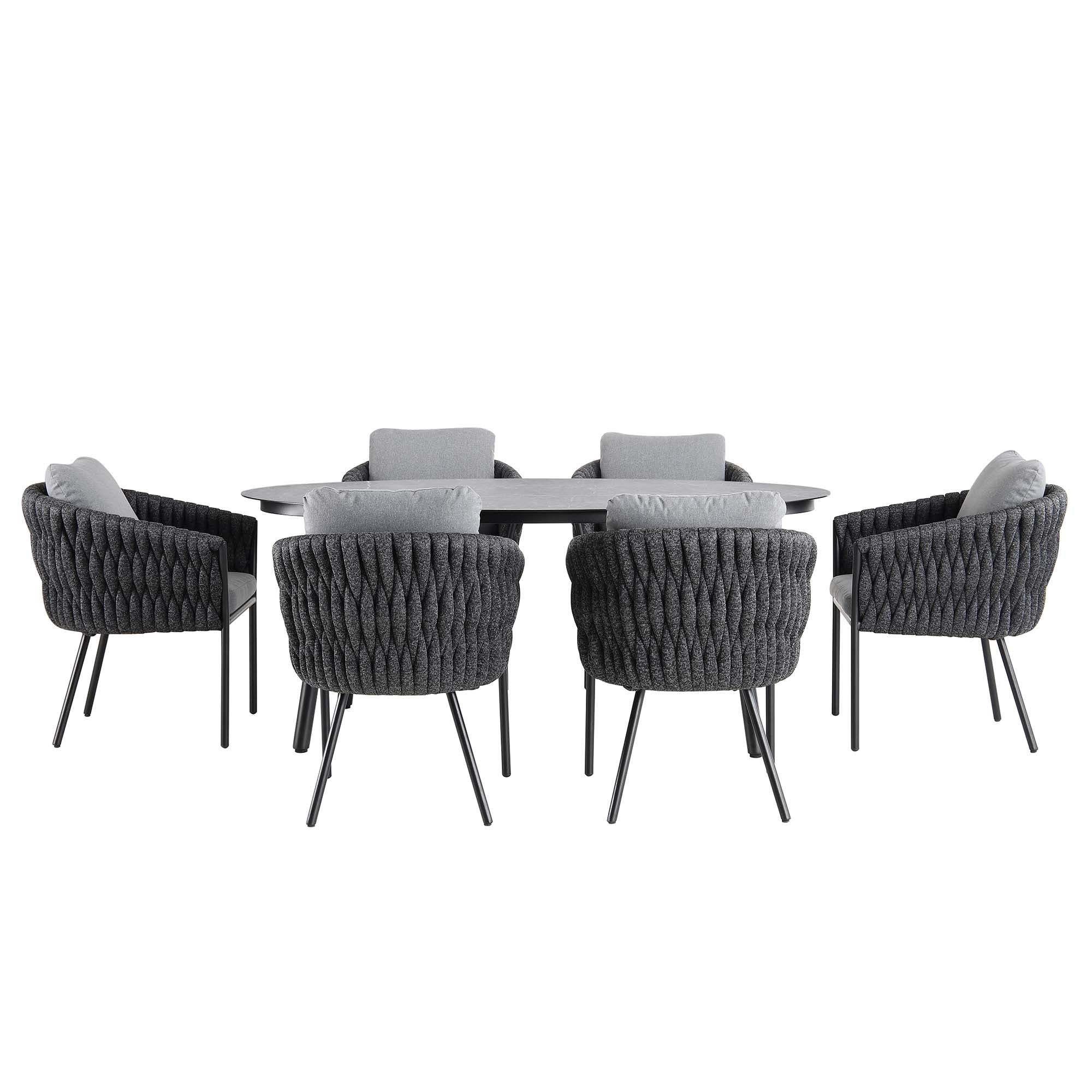 Montebello 6-Seater Outdoor Black Rope and Aluminium Oval Dining Set with Grey Ceramic Dining Table