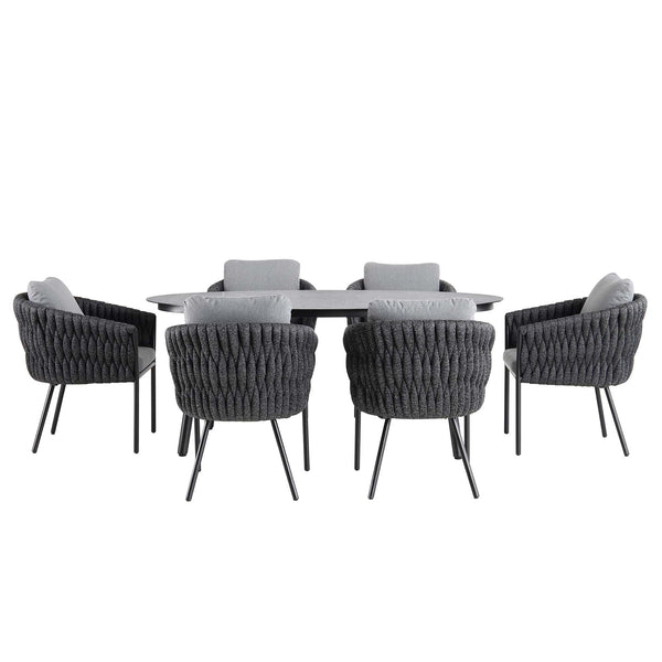 Montebello 6-Seater Outdoor Black Rope and Aluminium Oval Dining Set with Grey Ceramic Dining Table