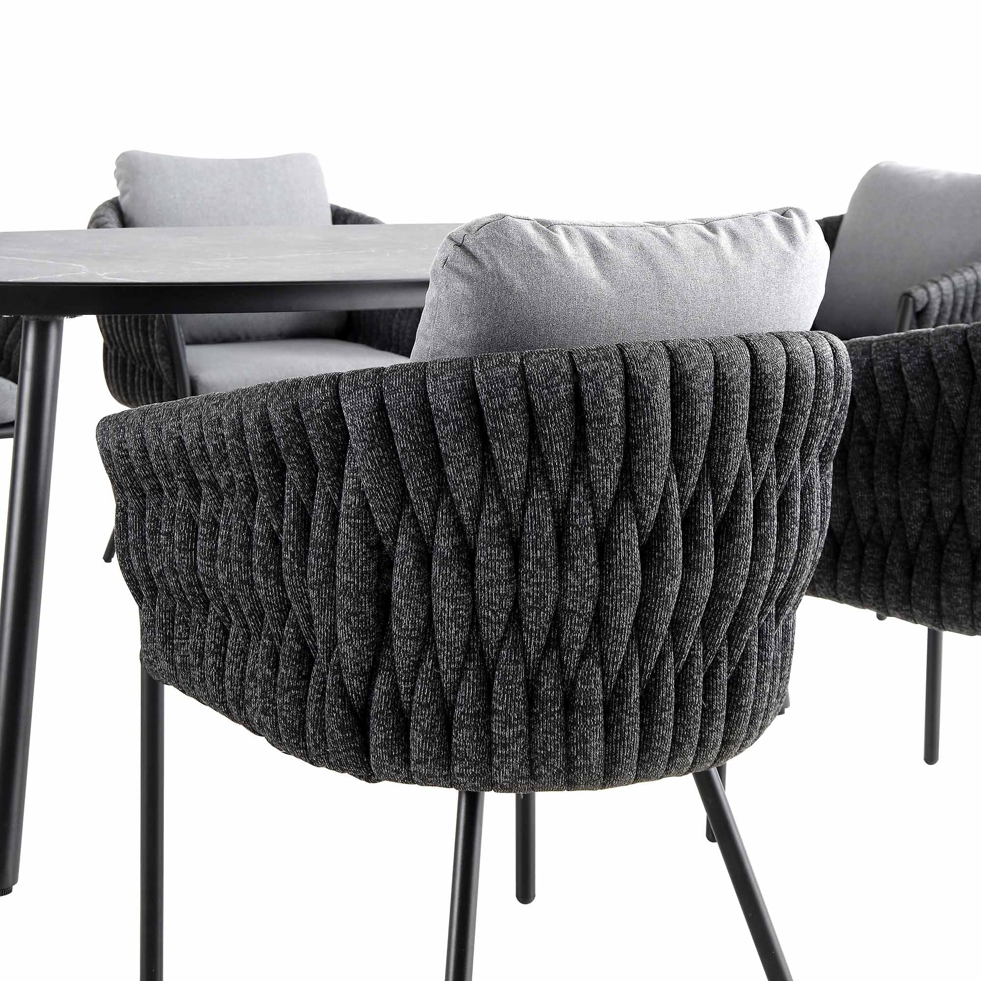 Montebello 6-Seater Outdoor Black Rope and Aluminium Oval Dining Set with Grey Ceramic Dining Table