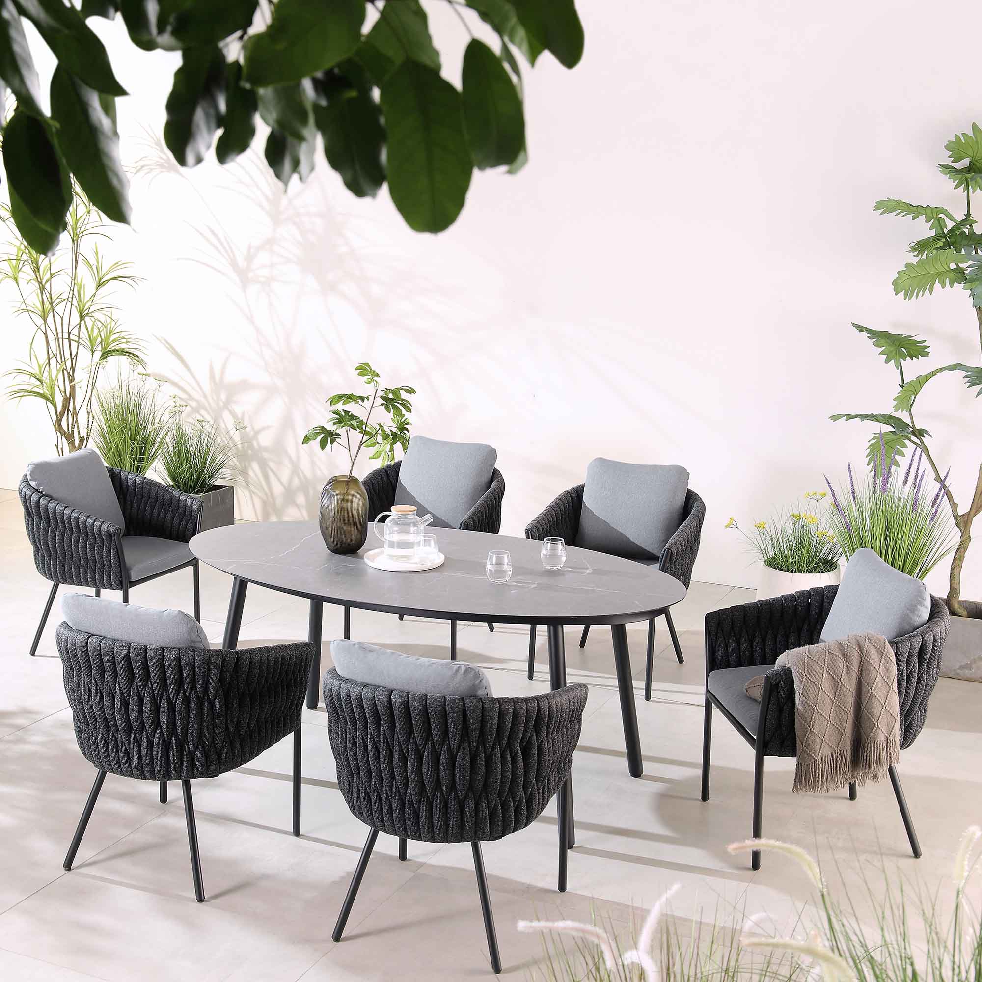 Montebello 6-Seater Outdoor Black Rope and Aluminium Oval Dining Set with Grey Ceramic Dining Table