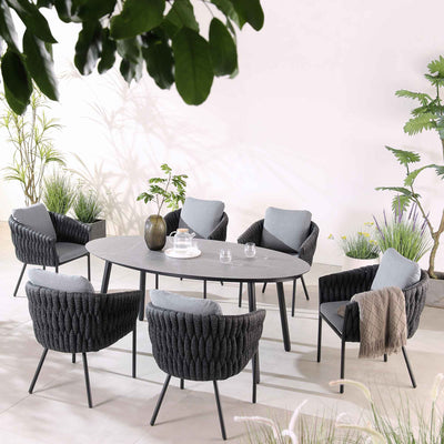 Montebello 6-Seater Outdoor Black Rope and Aluminium Oval Dining Set with Grey Ceramic Dining Table