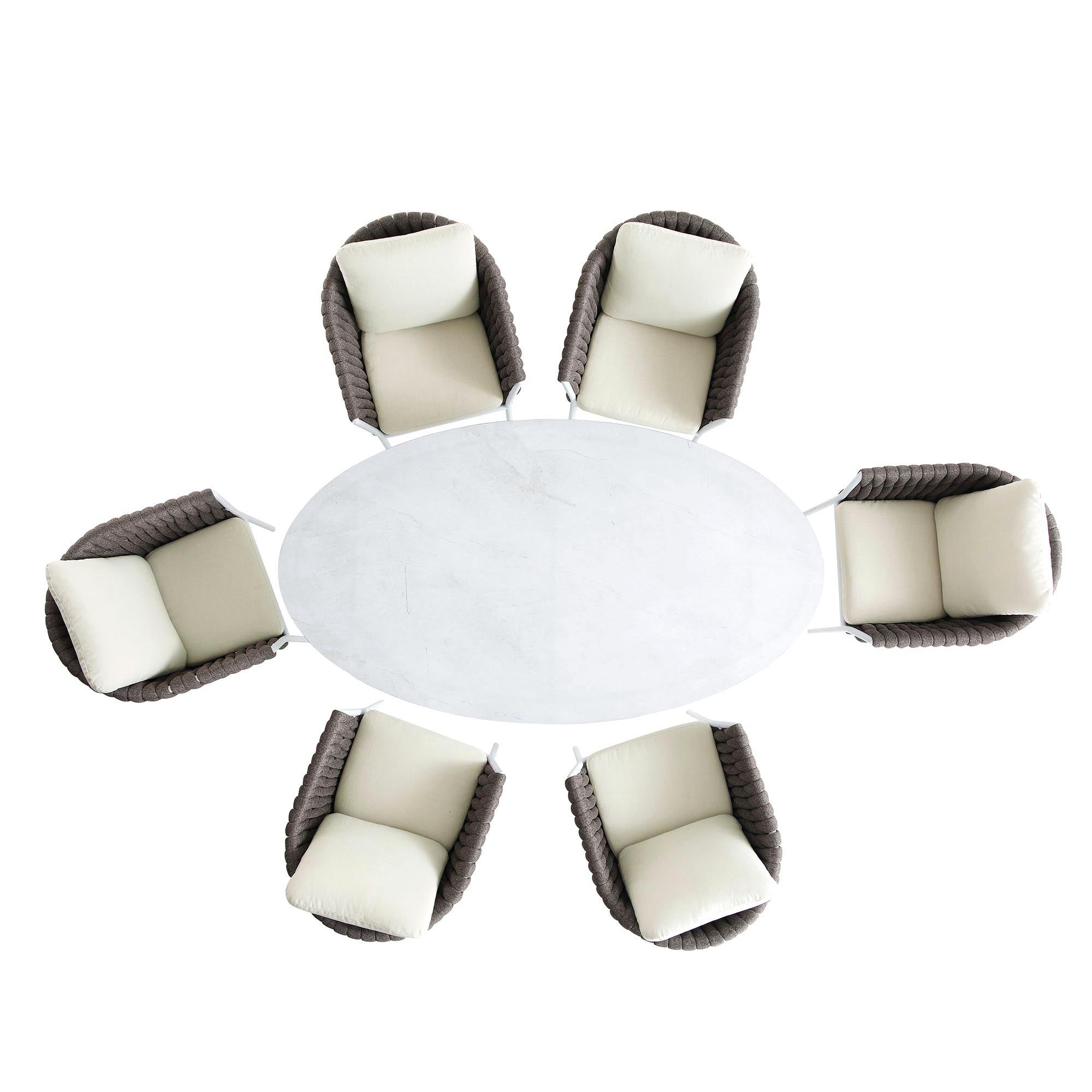 Montebello 6-Seater Outdoor Taupe Rope and Aluminium Oval Dining Set with White Ceramic Dining Table