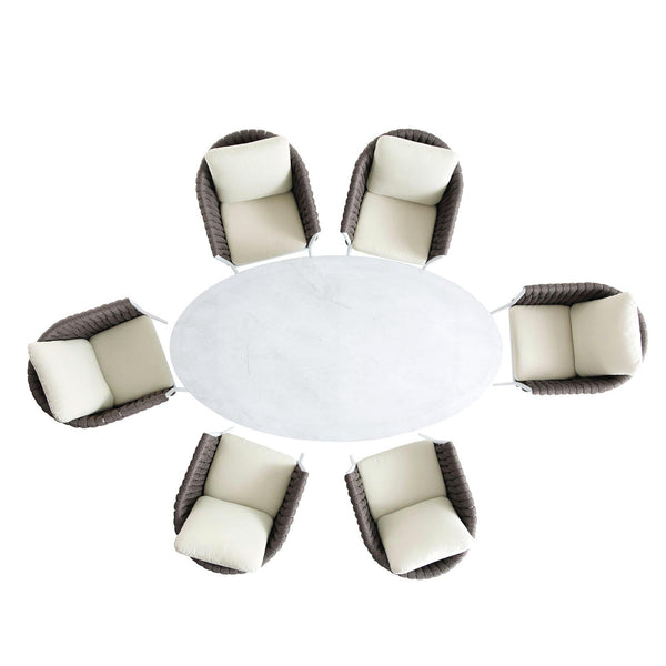 Montebello 6-Seater Outdoor Taupe Rope and Aluminium Oval Dining Set with White Ceramic Dining Table