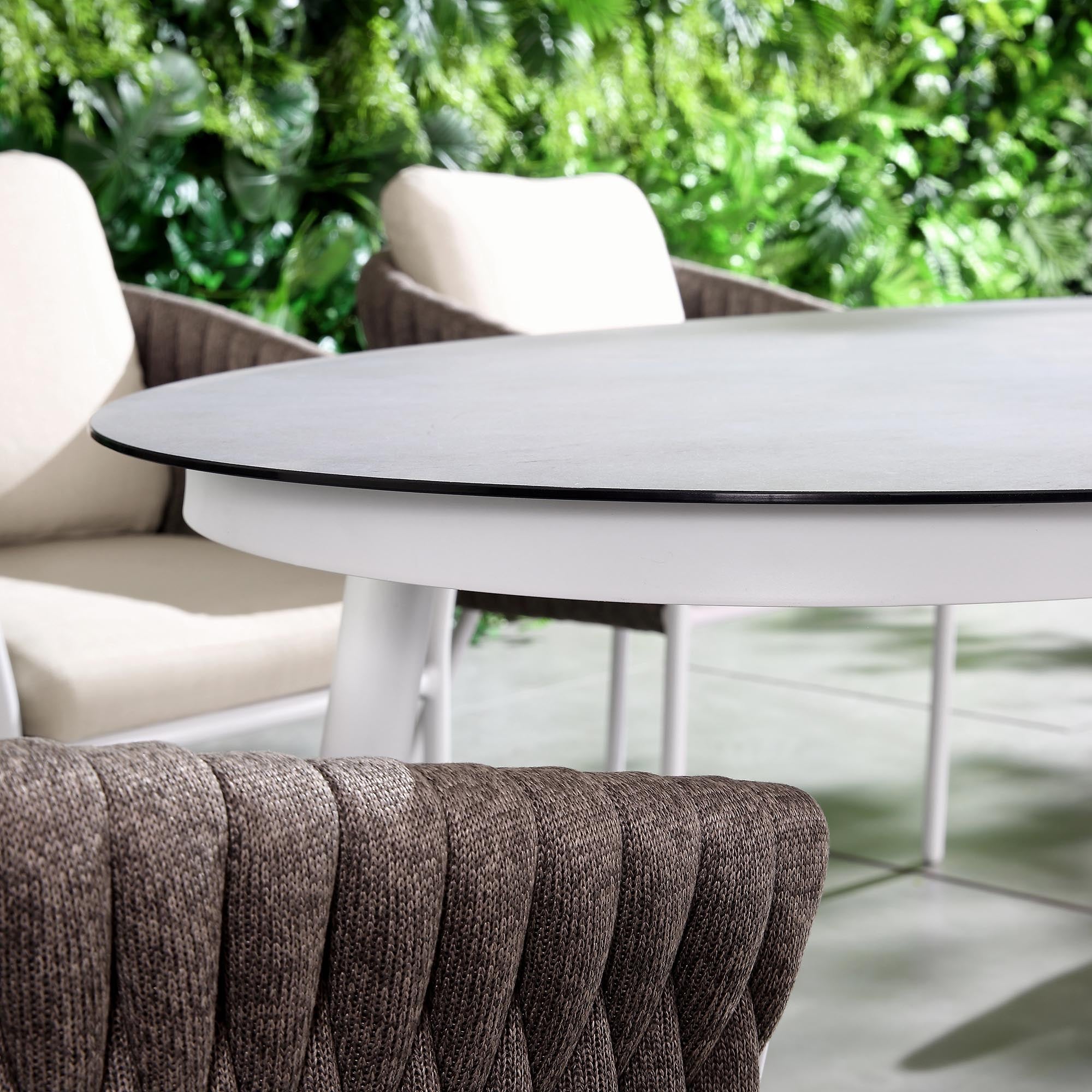 Montebello 6-Seater Outdoor Taupe Rope and Aluminium Oval Dining Set with White Ceramic Dining Table