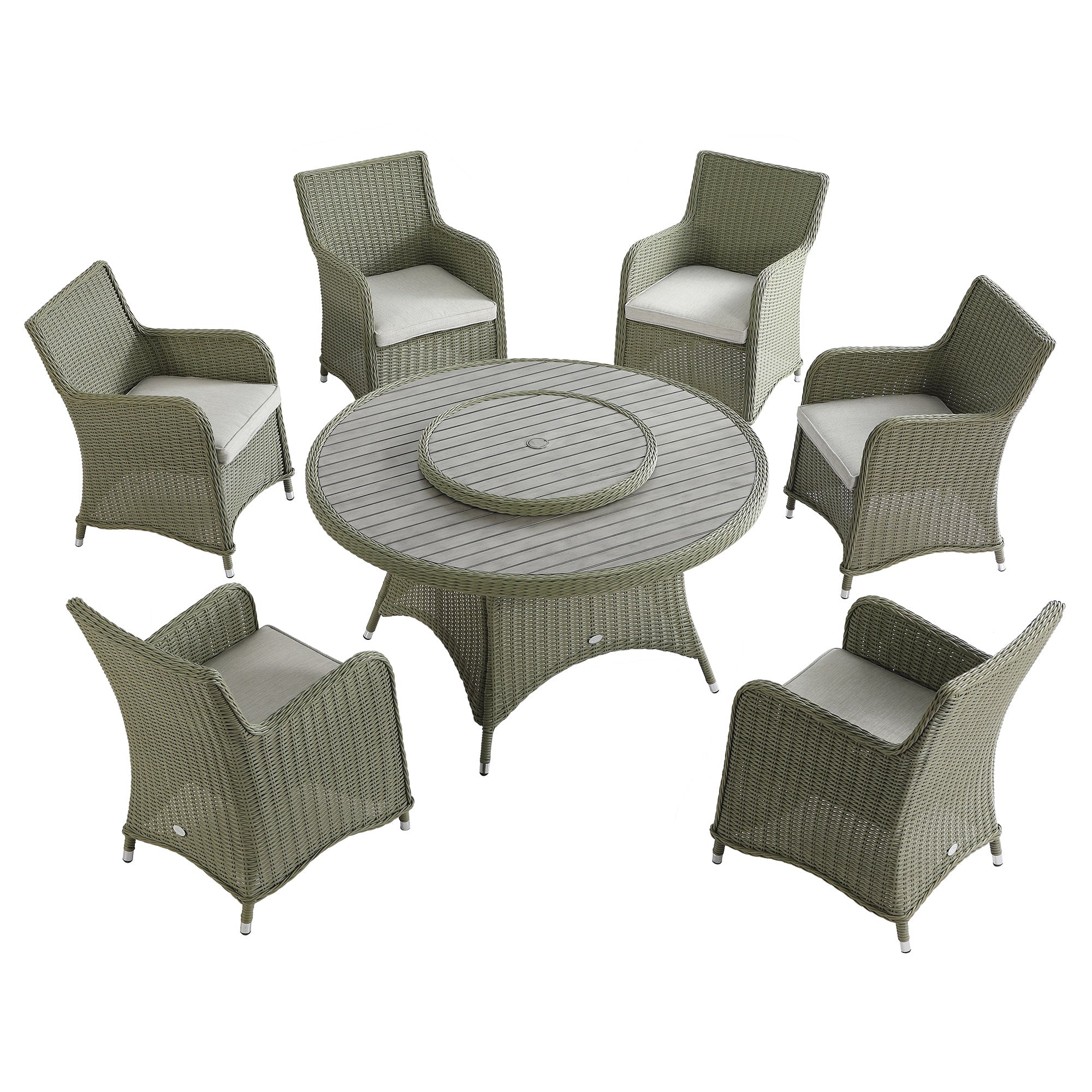 Hampshire 6-Seater Round Wicker Rattan Dining Set with Lazy Susan & Ice Bucket, Desert Sage